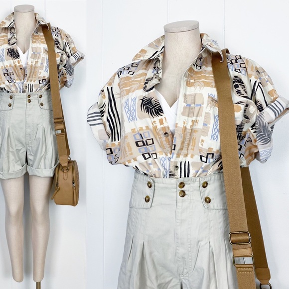 Vintage Tops - Neutral & Periwinkle Tropical Print Top | Vintage